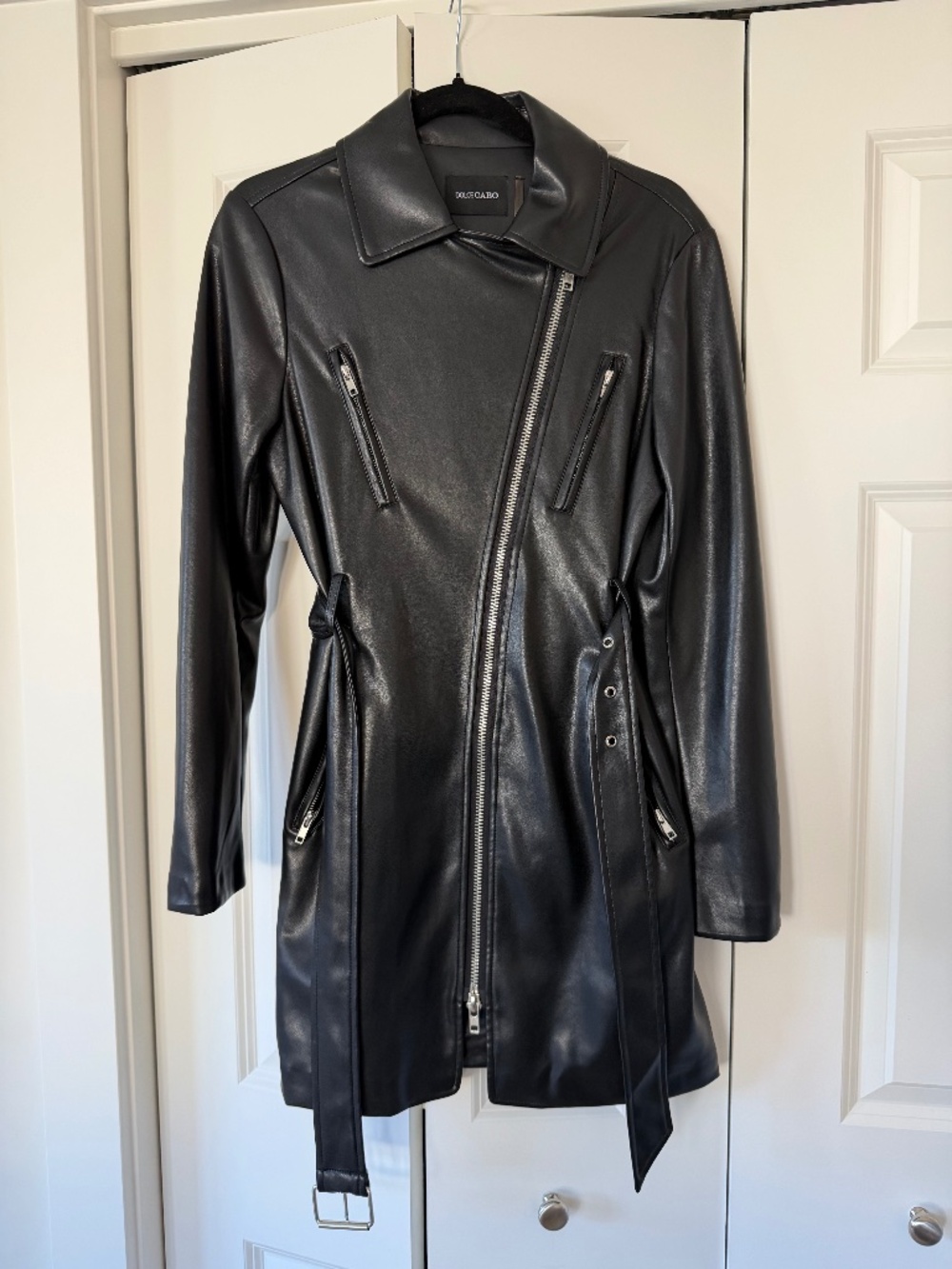Dolce Cabo Black Assymetric Jacket with Silver Zippers & Belt Details